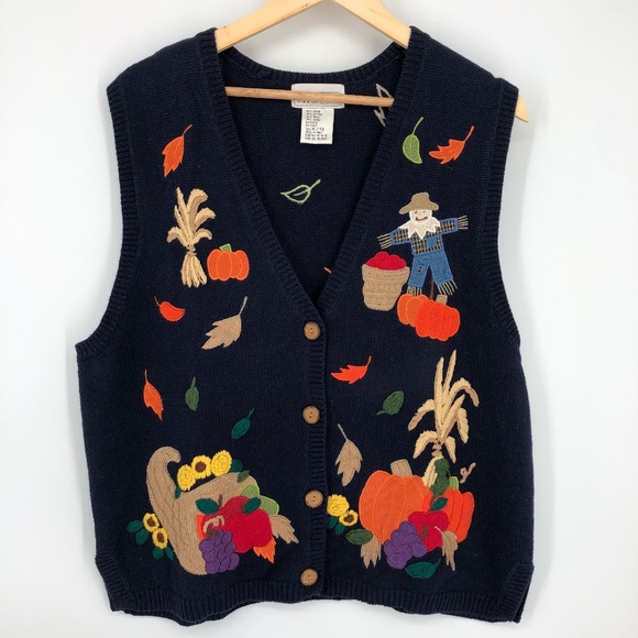 Vintage Mandal Bay Womens Vest Sweater Size XL Fall Autumn Leaf Festive Chunky‎ - Picture 1 of 14